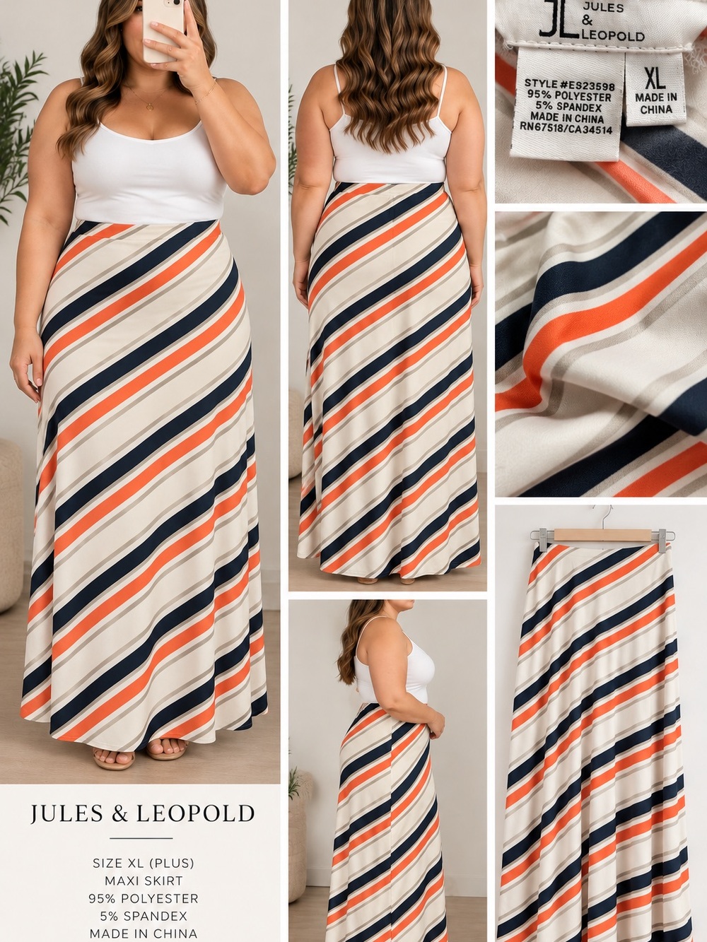 Jules & Leopold Cream Maxi Skirt with Navy & Orange Diagonal Stripes
